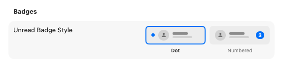 Dot and numbered unread badge options in macOS settings